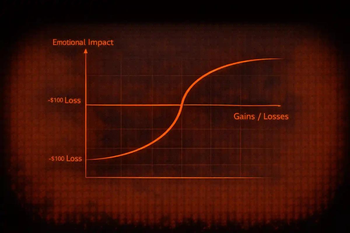 Loss aversion curve showing the psychological pain of losing 0 is roughly twice the pleasure of gaining 0