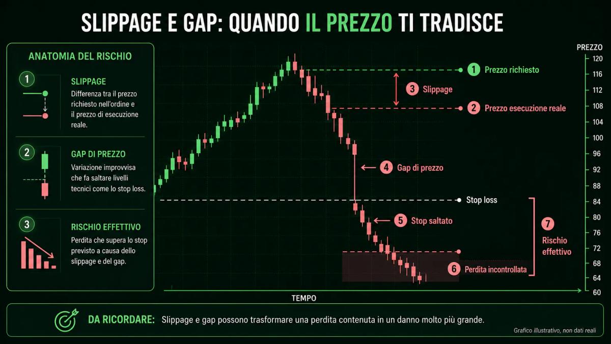 Diagramma che mostra il prezzo richiesto, il prezzo di esecuzione effettivo e lo slippage come differenza visibile, con lo st
