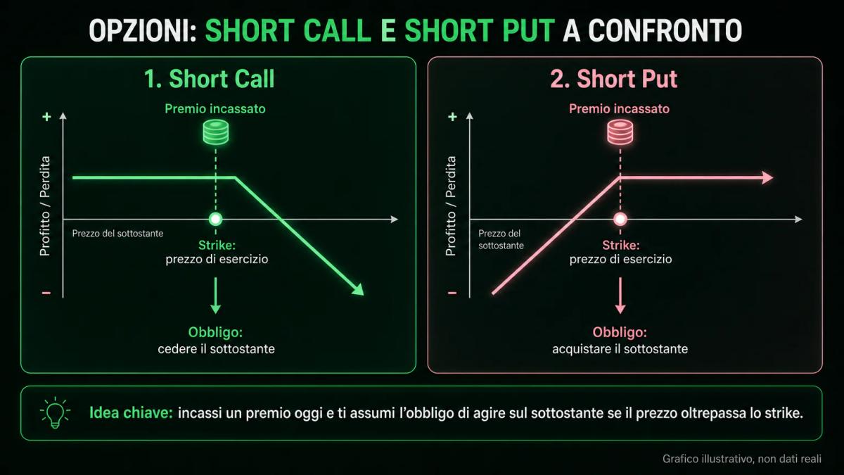 Anatomia di una short call e una short put con strike, premio e obblighi annotati