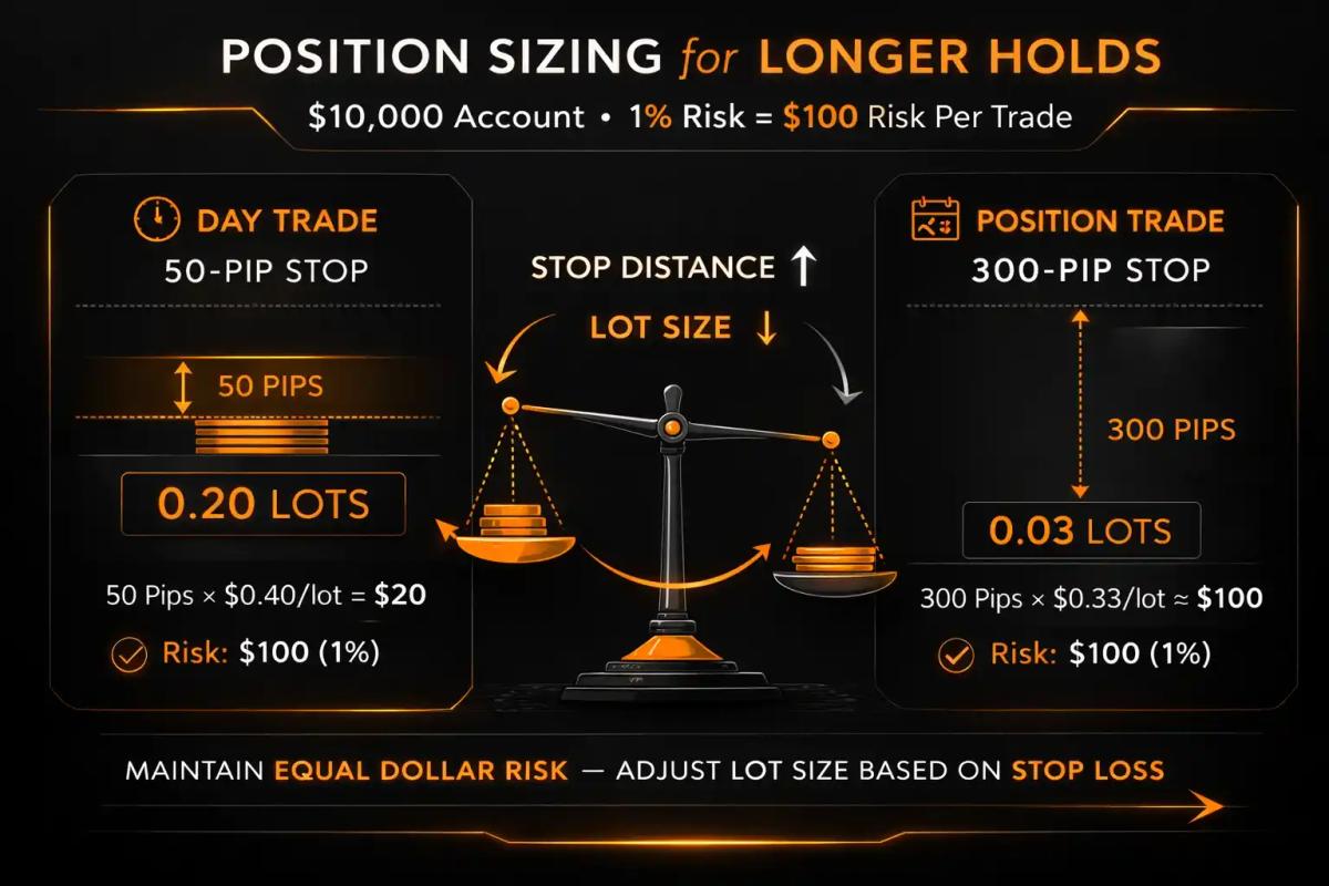 Position sizing comparison showing how lot size decreases as stop-loss distance increases to maintain equal dollar risk