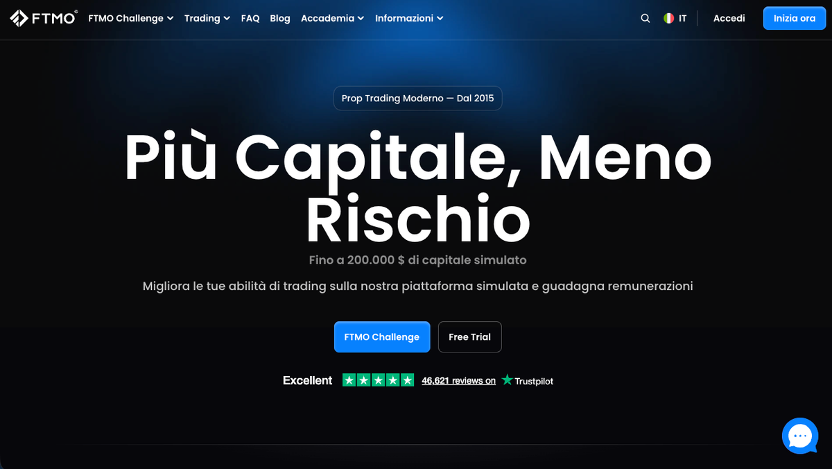 Homepage di FTMO con sezione hero e pulsante per iniziare la challenge