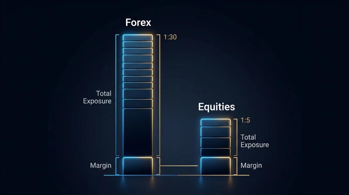 Two vertical leverage scales side by side: forex at 1:30 and equities at 1:5, with margin requirement comparison