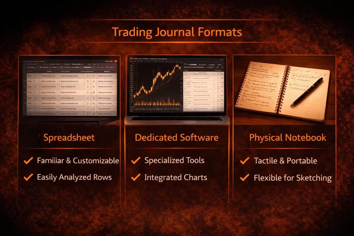 Comparison of trading journal formats_ spreadsheet, dedicated software, and physical notebook