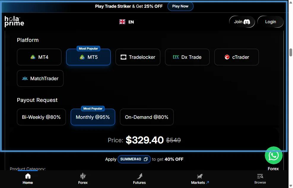 Hola Prime trading platforms page showing MT4, MT5, cTrader, DXTrade, MatchTrader, and TradeLocker options