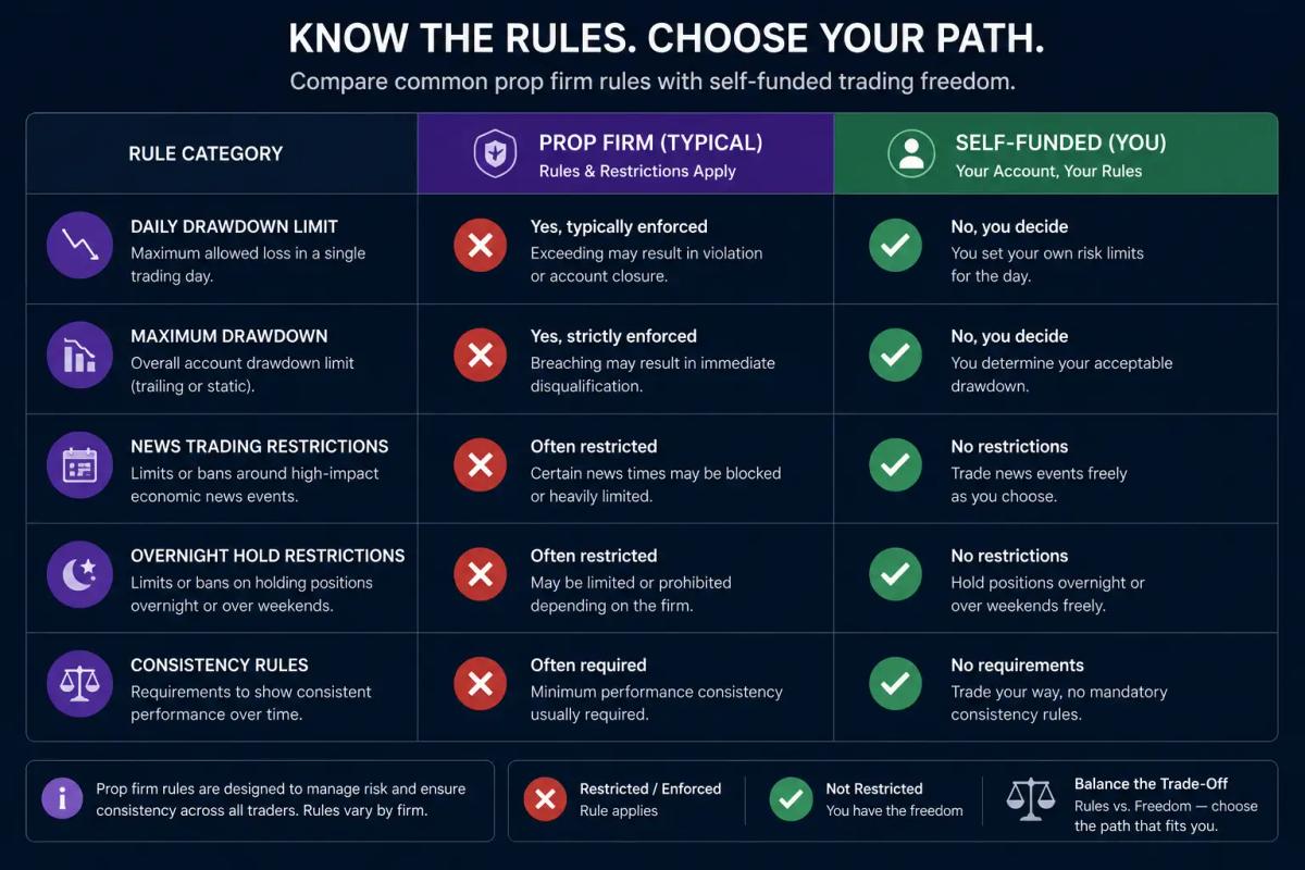 Diagram comparing prop firm trading rules versus self-funded trading freedom and restrictions