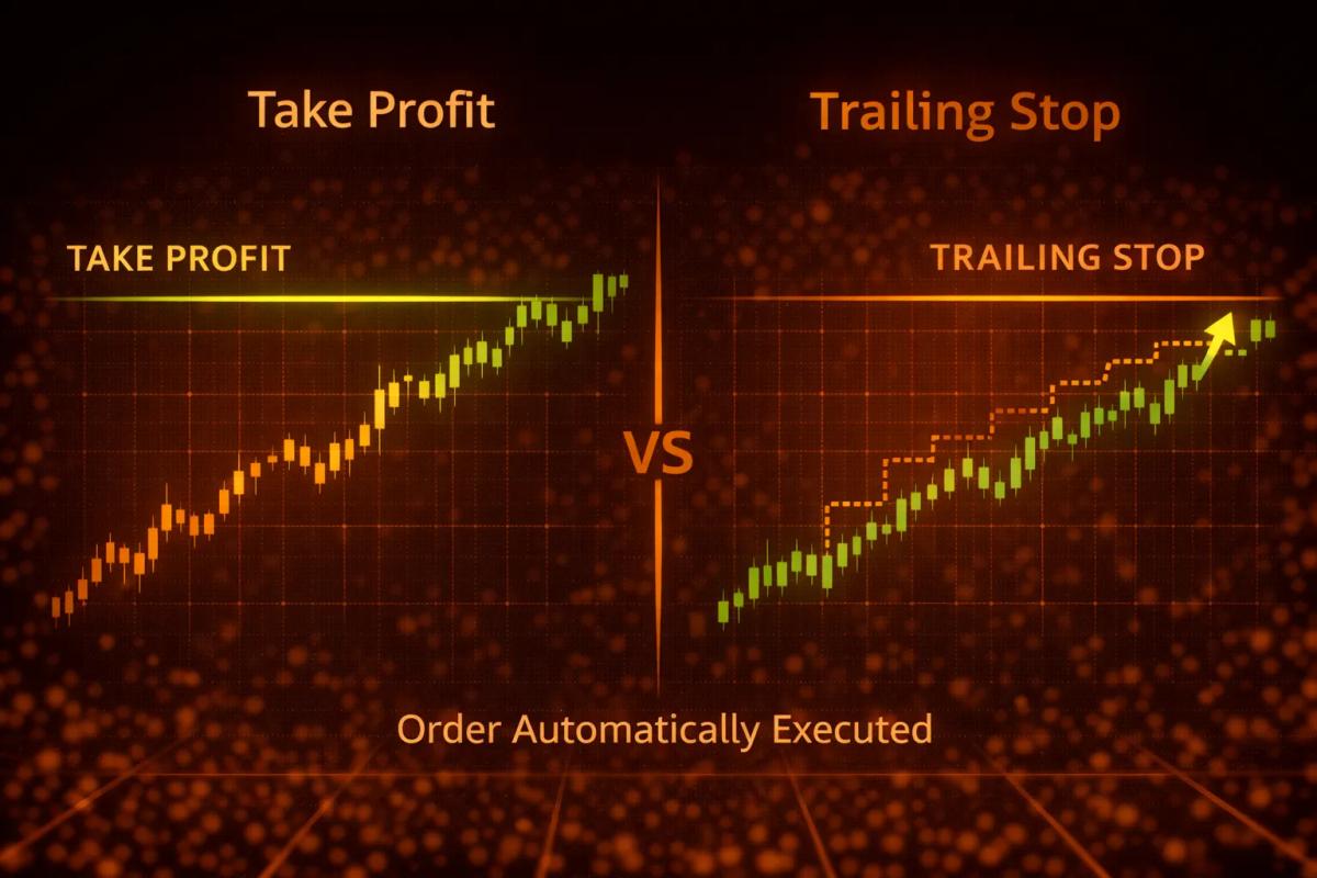 Comparison diagram of take profit order versus trailing stop order