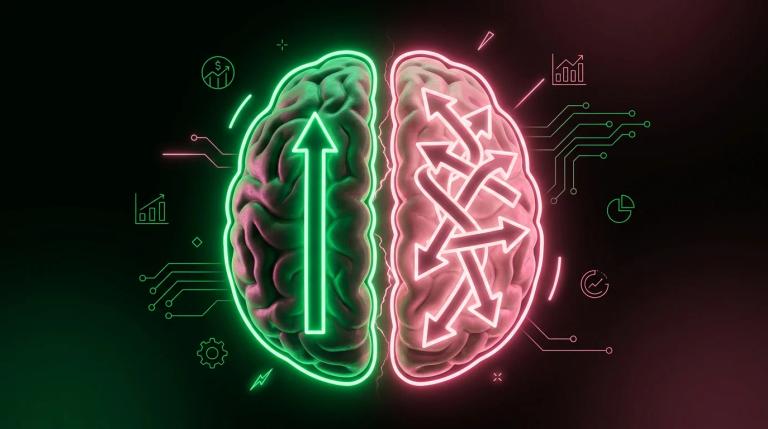Cervello con frecce che si incrociano in direzioni opposte, simbolo di conflitto tra logica e istinto nel trading