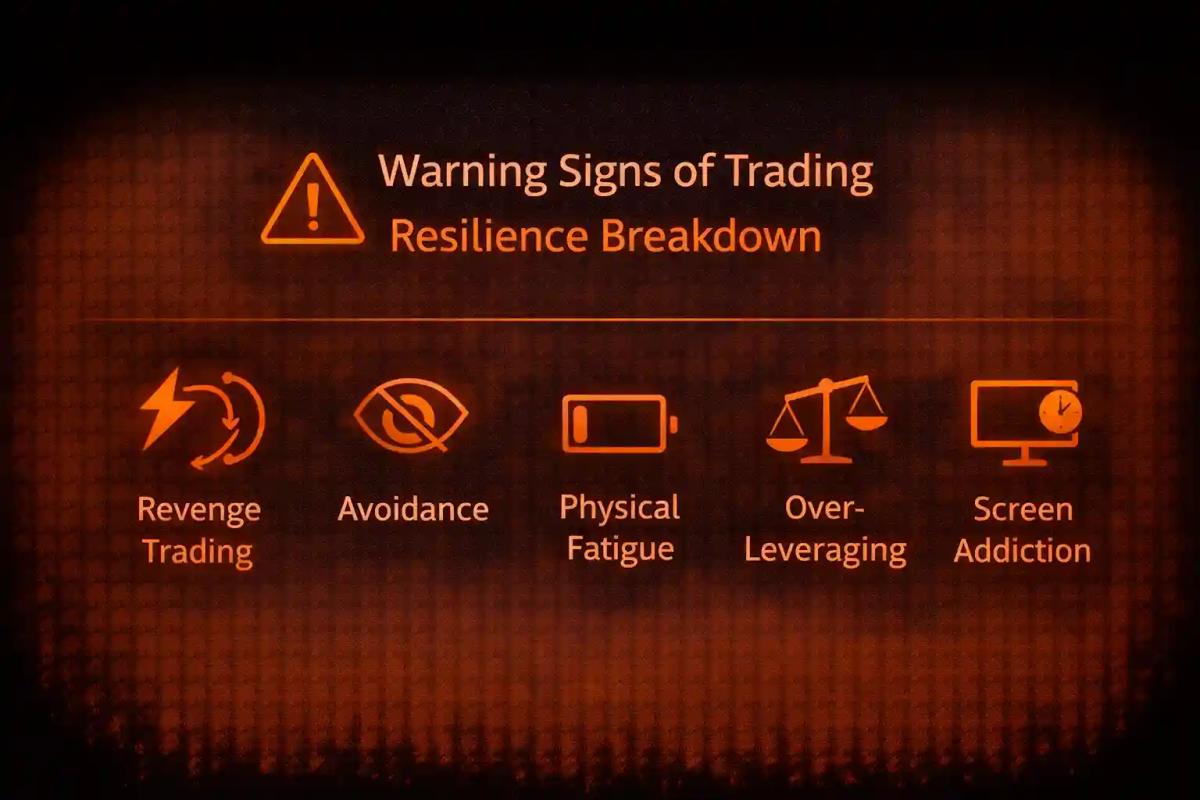 Warning signs of trading resilience breakdown including revenge trading, avoidance, fatigue, over-leveraging, and screen addiction