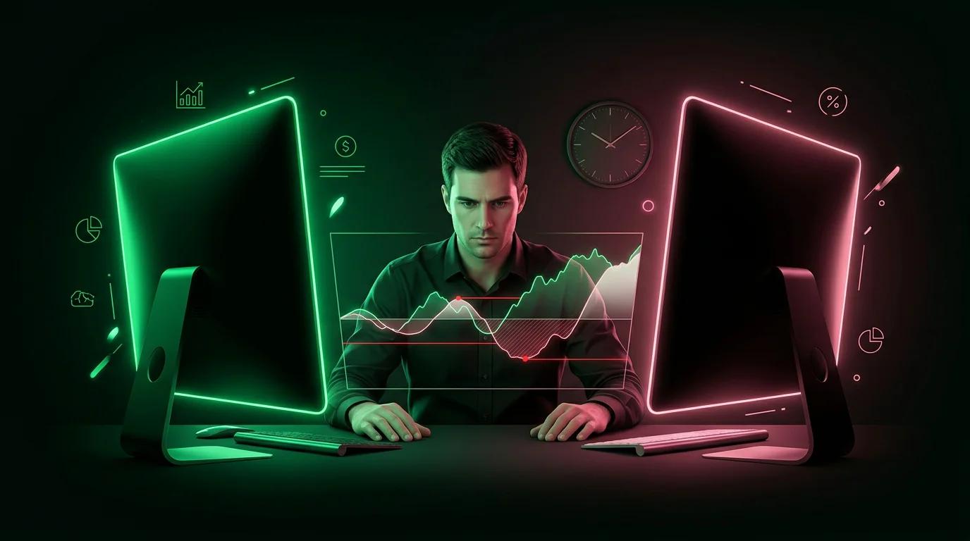 Trader che osserva un estratto conto con curve di drawdown e linee di stop loss annotate
