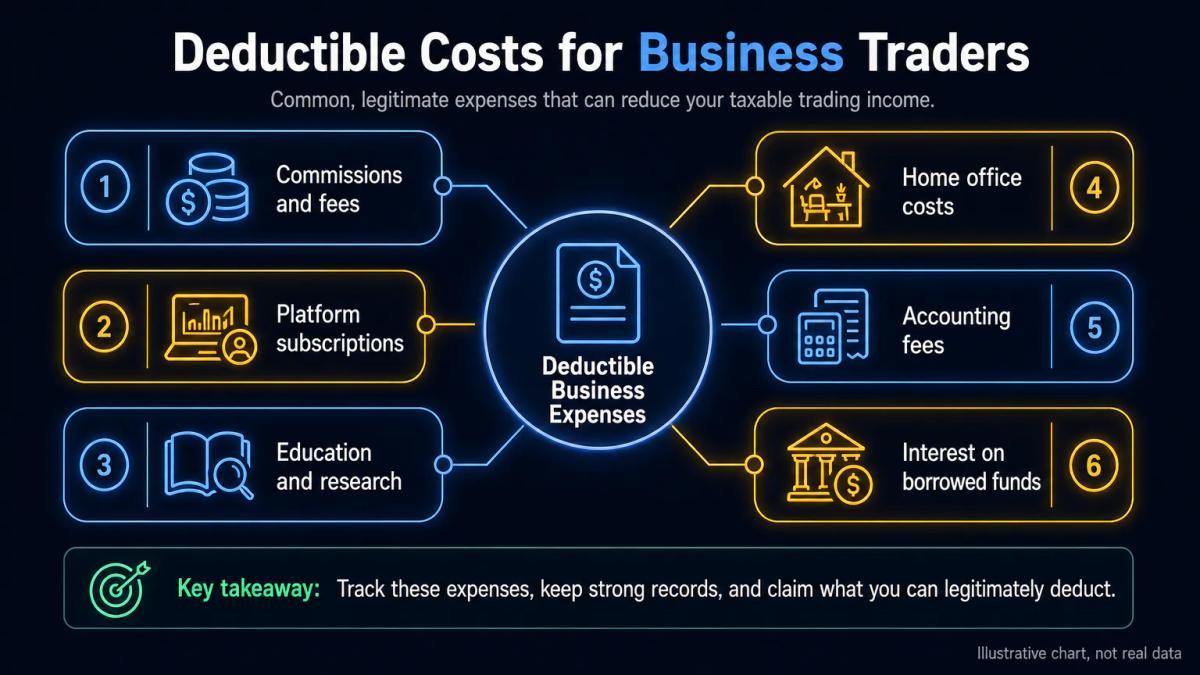 List of deductible business expenses: platform fees, software subscriptions, education costs, home office, accounting fees, a