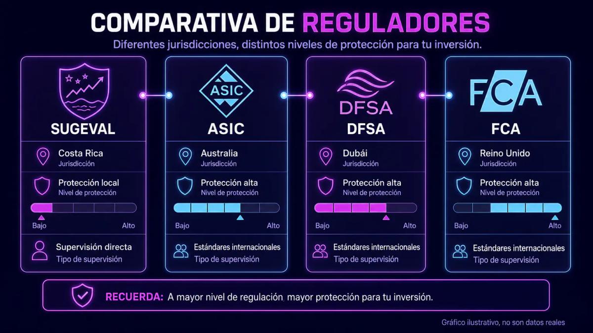 Tabla comparativa de reguladores: SUGEVAL, FCA, CySEC y ASIC con niveles de protección