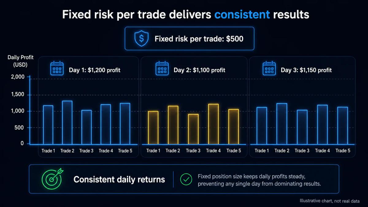 Fixed position sizing grid showing consistent risk per trade across multiple sessions