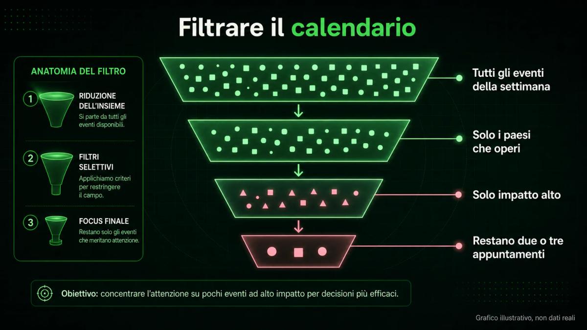 Il filtro del calendario economico: da tutti gli eventi della settimana ai due o tre che riguardano davvero i tuoi strumenti