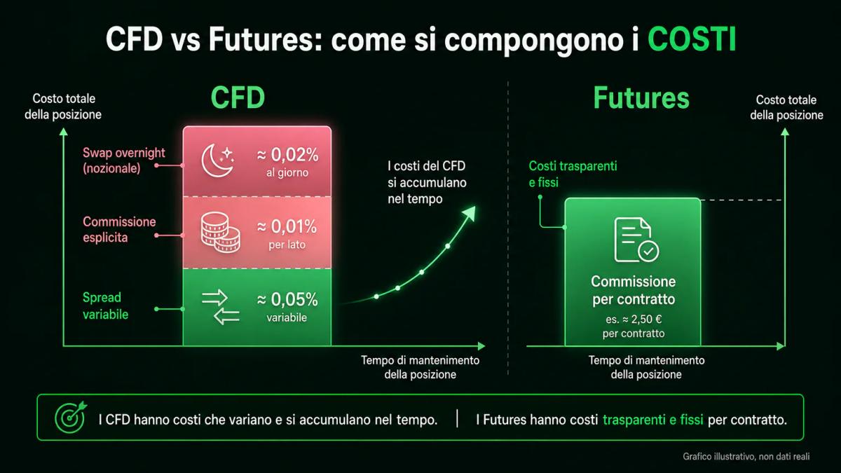Tabella comparativa dei costi: CFD con spread, commissioni e swap; futures con commissione per contratto