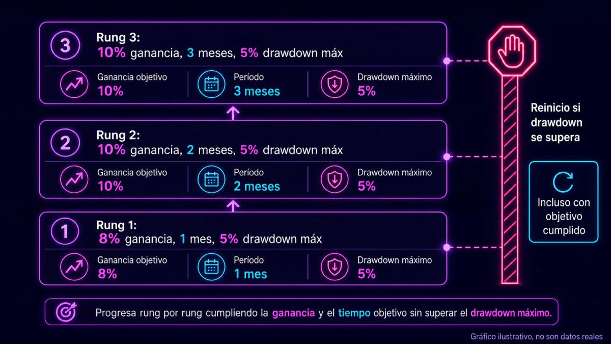 Gráfico editorial mostrando tres rungs con objetivos de ganancia, períodos de evaluación y límites de drawdown máximo