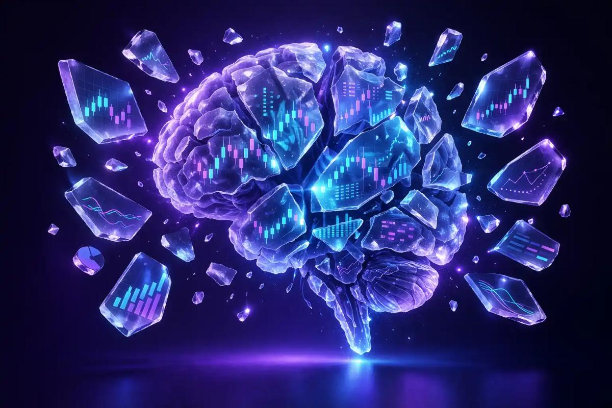 Cerebro de cristal fragmentado con gráficos financieros en su interior, sobre fondo púrpura a azul marino