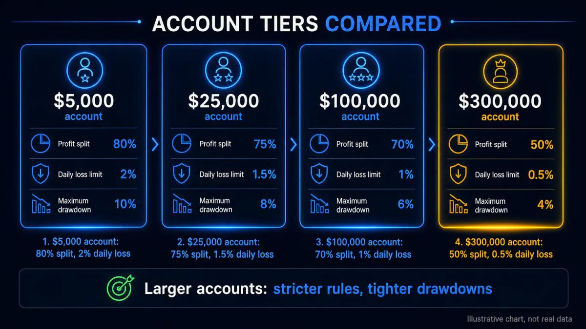 Account size and profit split comparison table showing four tiers from $5,000 to $300,000 with corresponding profit percentag