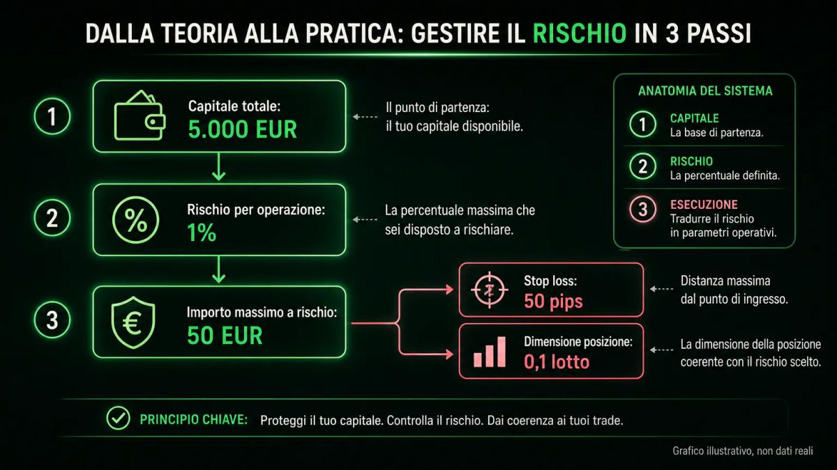 Infografica che mostra il calcolo del rischio per operazione: capitale totale, percentuale di rischio e importo in euro