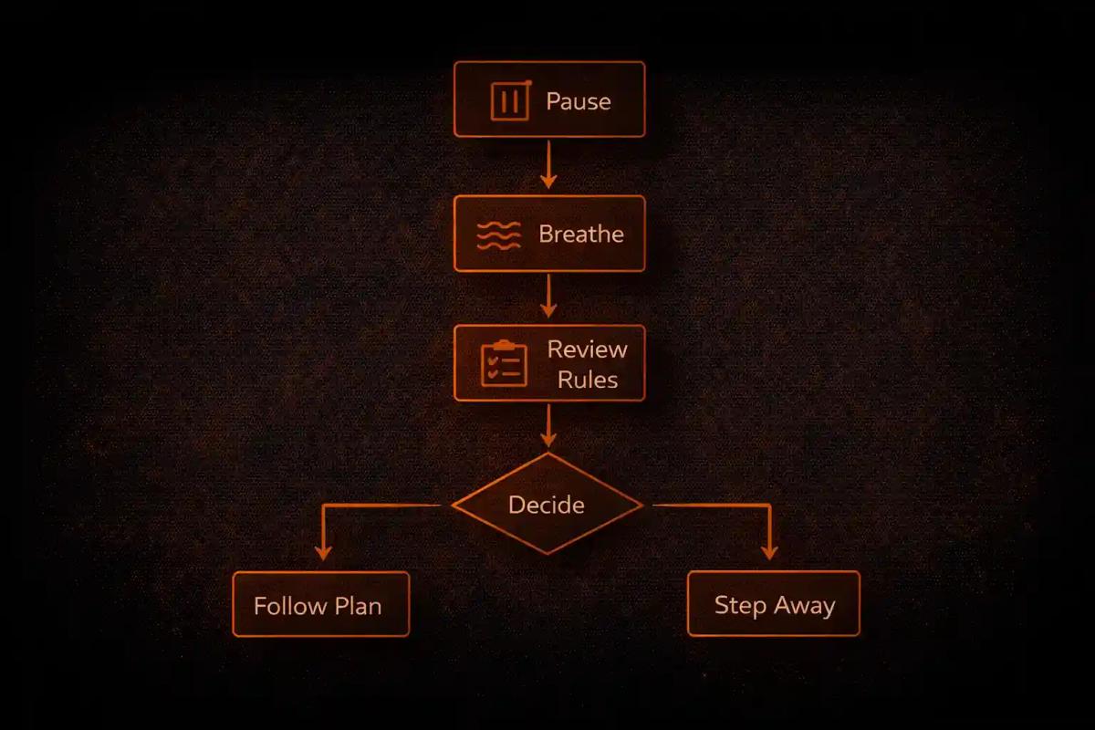 Flowchart for managing trading emotions in real time — pause, breathe, review rules, then follow the plan or step away