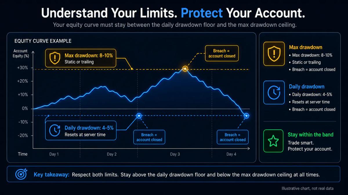 Account equity curve showing daily drawdown floor and maximum drawdown ceiling with breach points marked