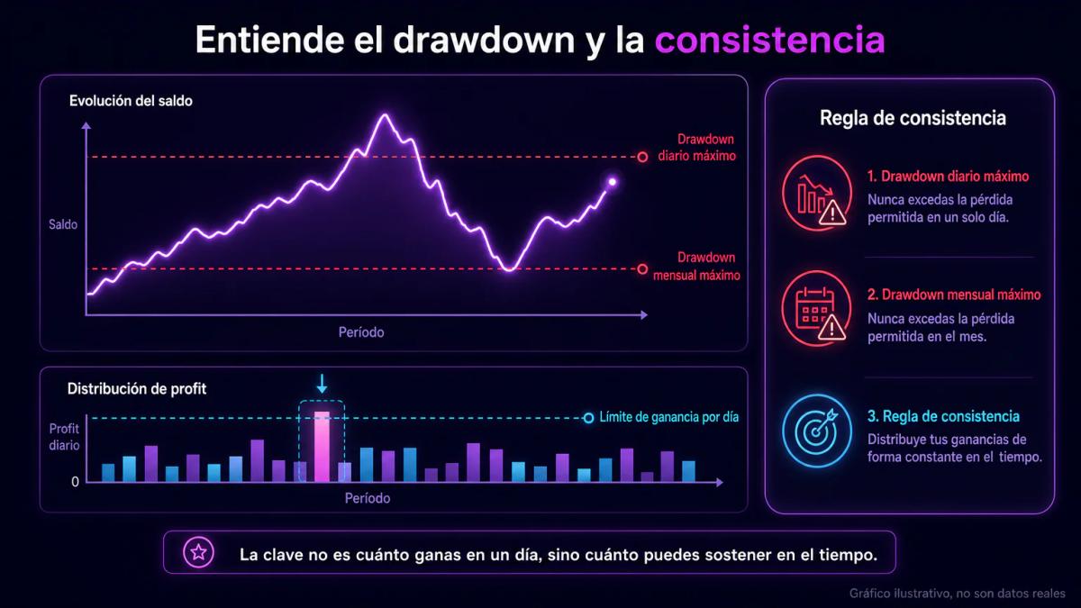 Gráfico editorial mostrando drawdown diario y mensual con líneas de límite rojo, y regla de consistencia que limita ganancia 