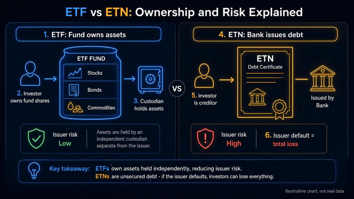 Two-column comparison table showing ETF asset structure versus ETN debt structure with ownership and issuer risk labels