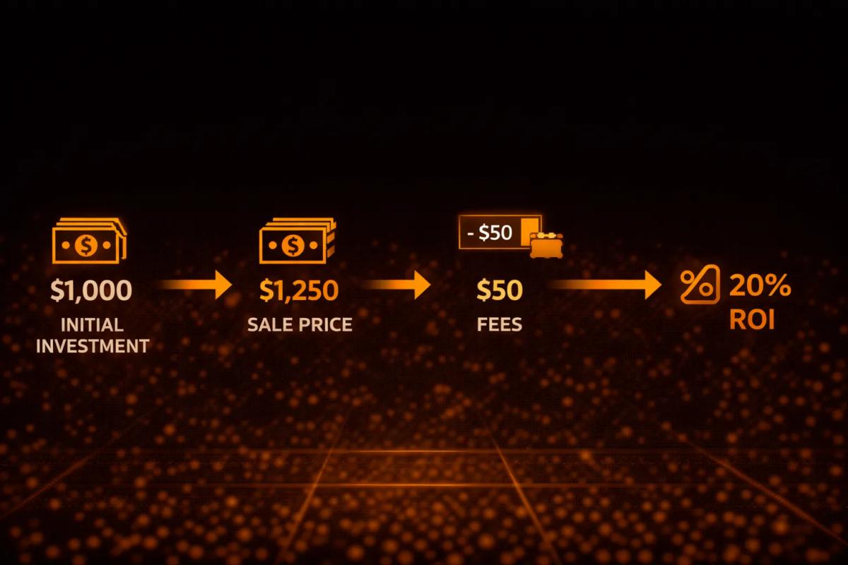 ROI calculation example showing ,000 investment sold for ,250 with  fees resulting in 20_ ROI