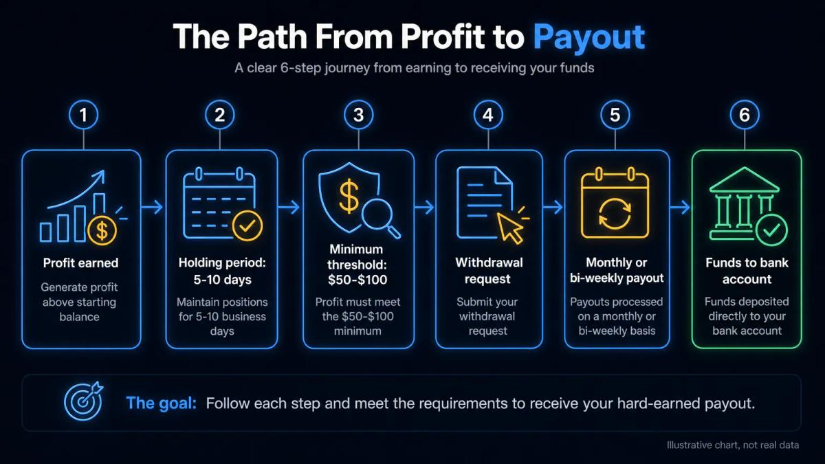 Timeline showing monthly payout cycle: profit earned, holding period, minimum threshold check, withdrawal request, funds to b