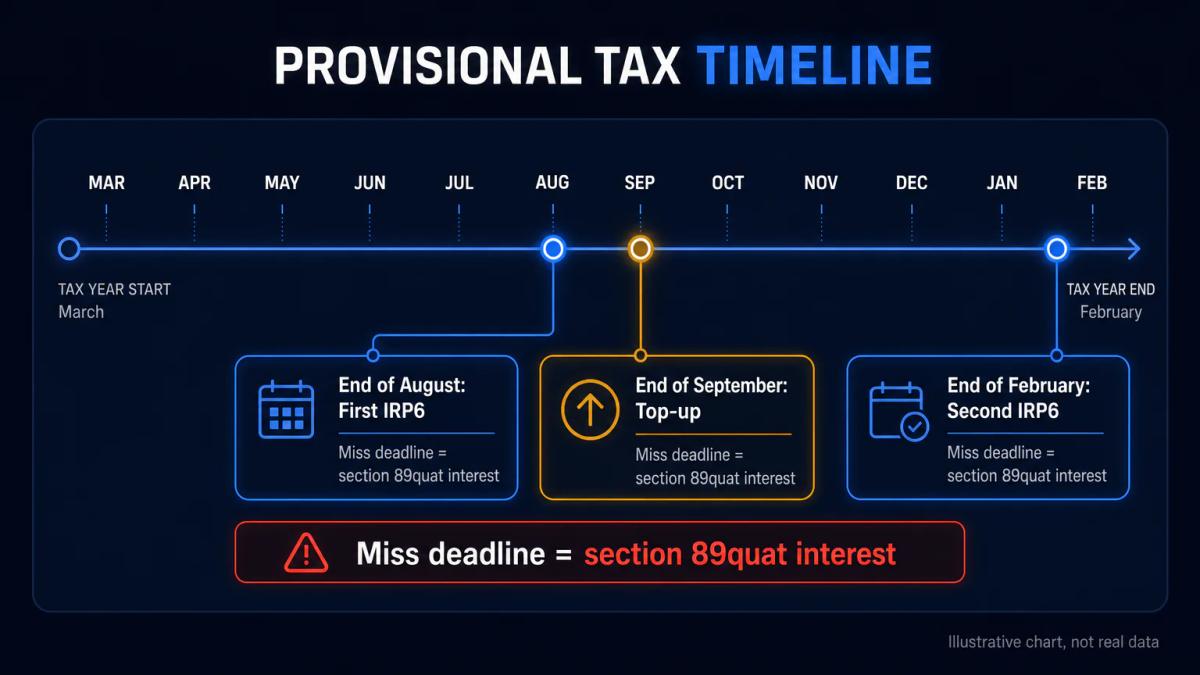 Timeline showing two provisional tax payment deadlines: end of August and end of February in the tax year