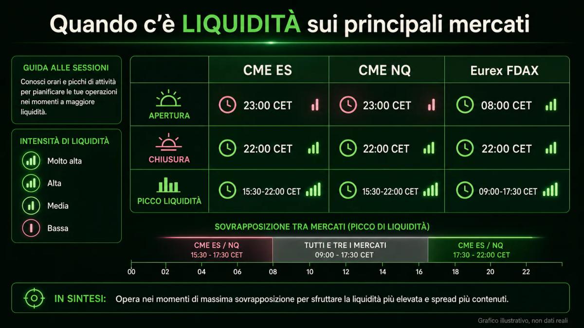 Tabella comparativa degli orari CME e Eurex con picchi di liquidità evidenziati per ES, NQ e FDAX
