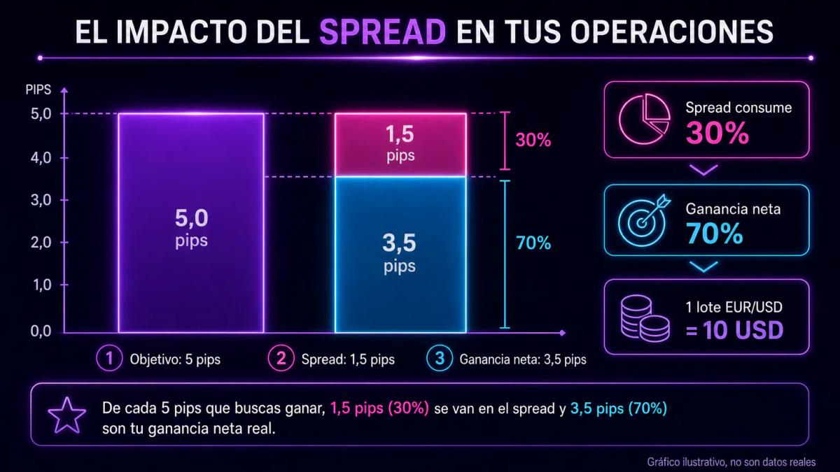 Tabla comparativa mostrando objetivo de ganancia versus costo de spread en operaciones de scalping
