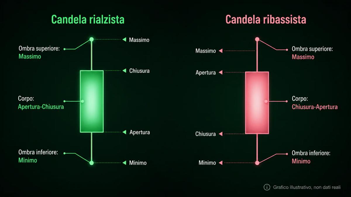 Anatomia di una candela giapponese con etichette di corpo, ombra superiore, ombra inferiore, apertura, chiusura, massimo e mi