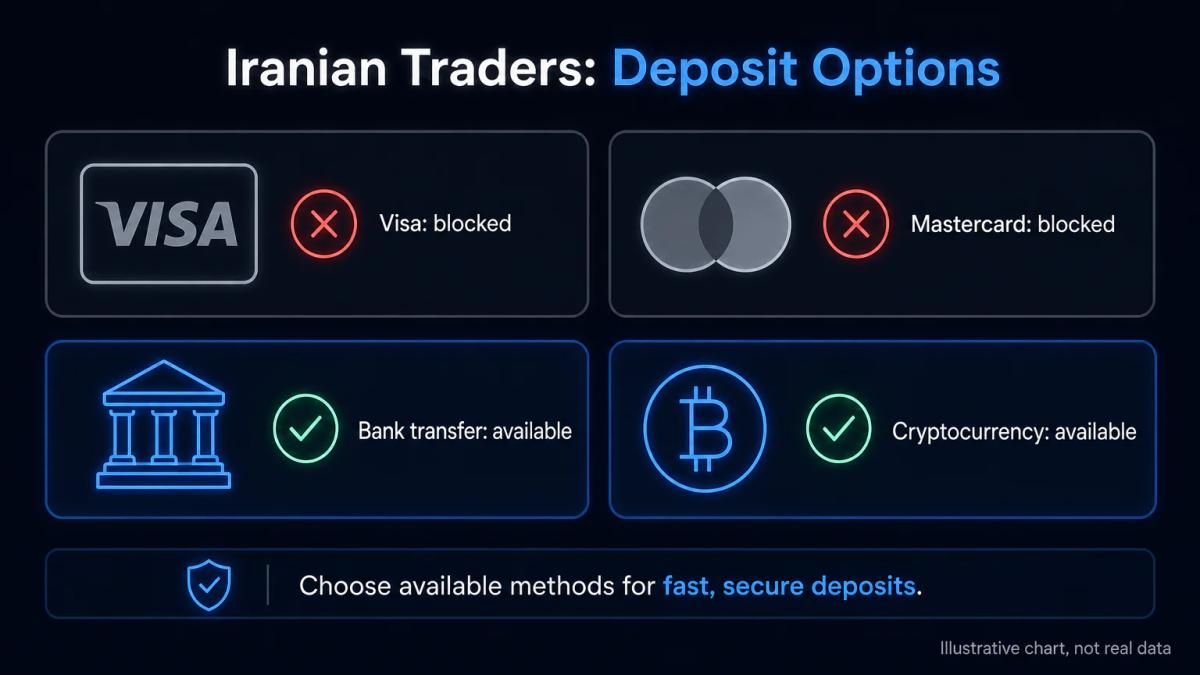 Four payment method icons showing Visa and Mastercard crossed out, bank transfer and cryptocurrency symbols active