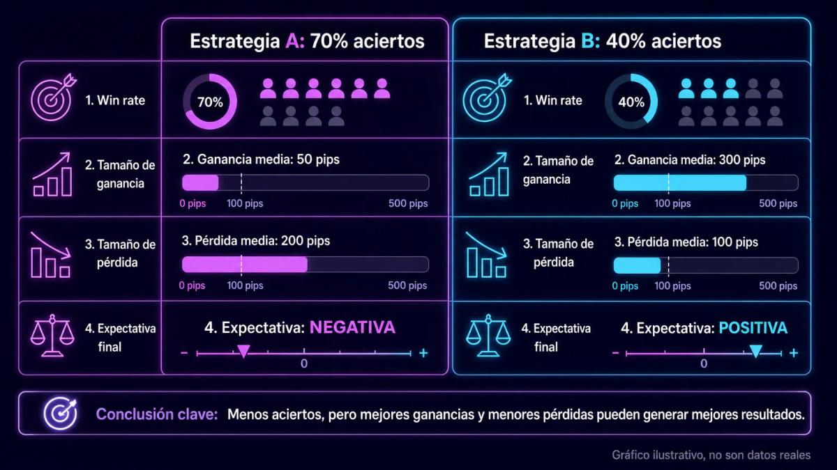 Tabla comparativa de dos estrategias: una con 70% de aciertos pero pérdidas grandes, otra con 40% de aciertos pero ganancias