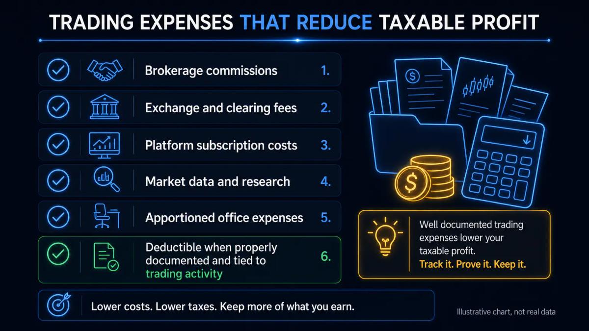 Checklist of deductible trading expenses including commissions, platform fees, data subscriptions, and office costs
