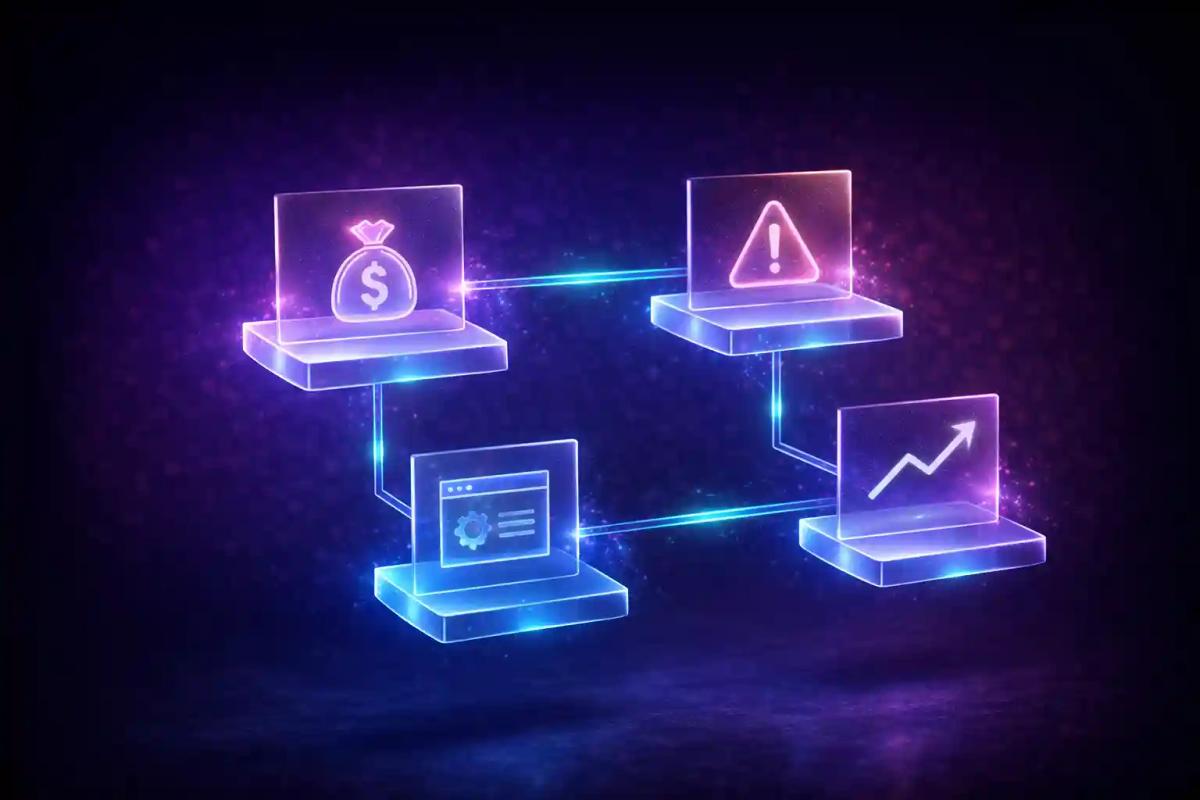 Diagrama 3D con cuatro bloques translúcidos representando causas de estrés en traders: capital en riesgo, ausencia de plan, sobreexposición informativa, presión por resultados