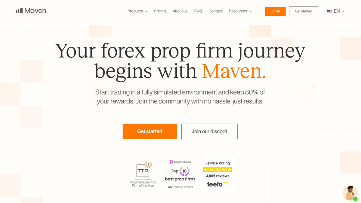 Hero del sito di Maven Trading con call-to-action per iniziare la challenge