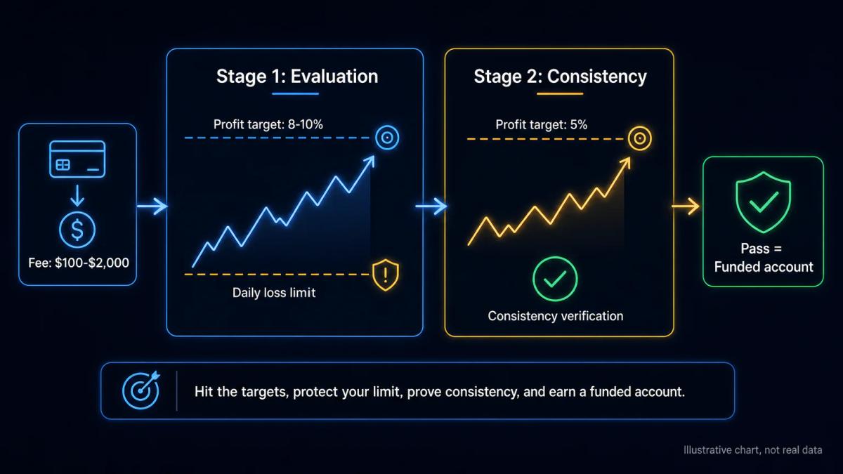 Evaluation account workflow showing fee payment, profit target, and funding stages