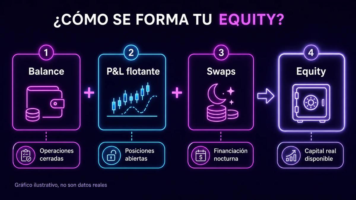 Fórmula visual de equity: balance más P&L flotante igual a equity, con componentes anotados
