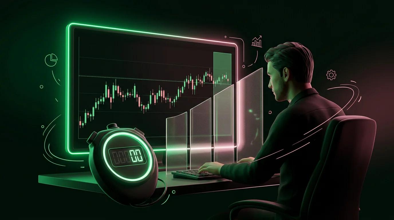 Trader osserva il timer che scade mentre le candele si muovono di pochi pip sullo schermo