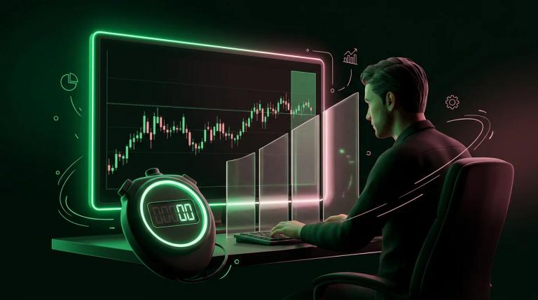 Trader osserva il timer che scade mentre le candele si muovono di pochi pip sullo schermo