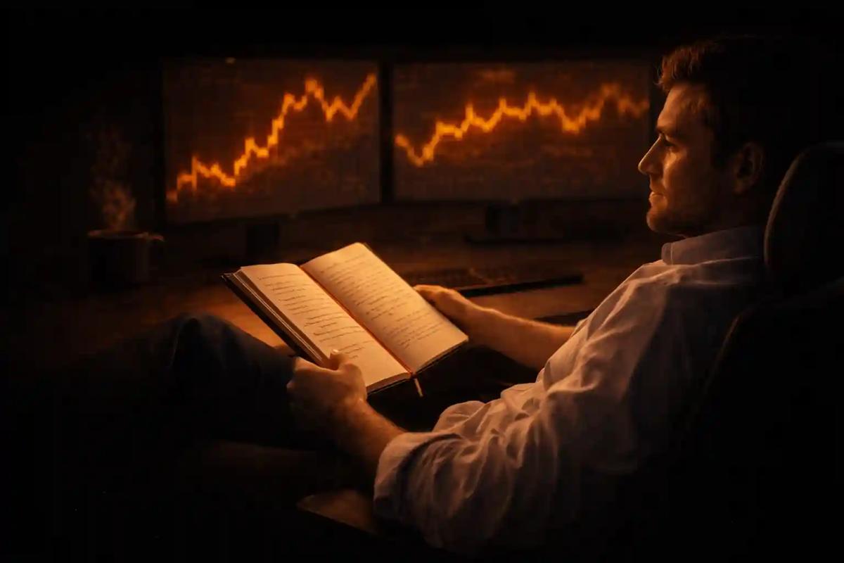 Relaxed trader reviewing a journal and sitting back from trading screens with calm composure