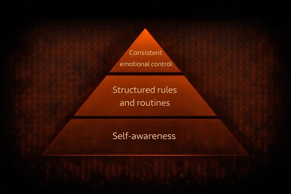 Pyramid graphic showing three layers of trading emotional resilience from self-awareness to emotional control