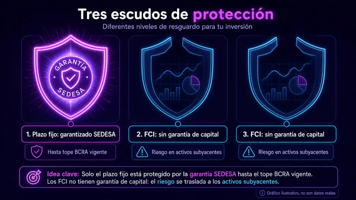 Tres escudos con símbolos de protección: uno con sello SEDESA para plazo fijo, dos vacíos para FCI sin garantía