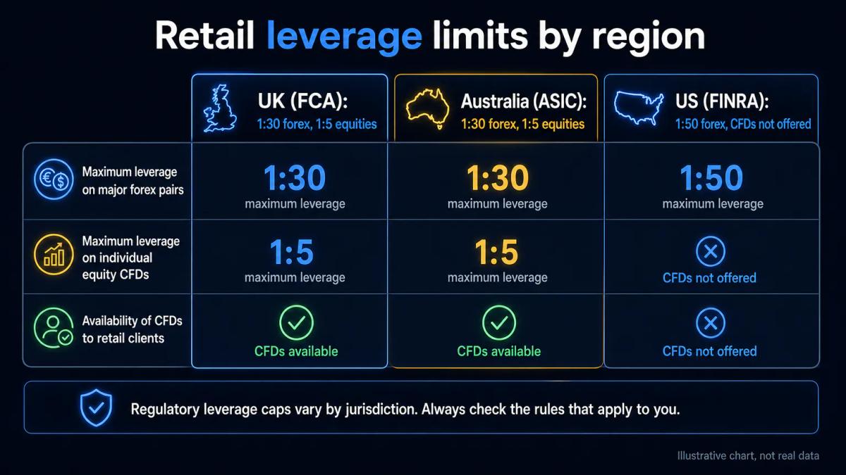 Comparison table showing leverage caps and features for UK FCA, Australia ASIC, and US FINRA regulated platforms