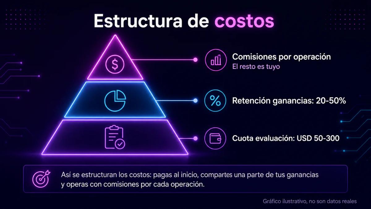 Desglose de costos: cuota de evaluación, retención de ganancias y comisiones por operación