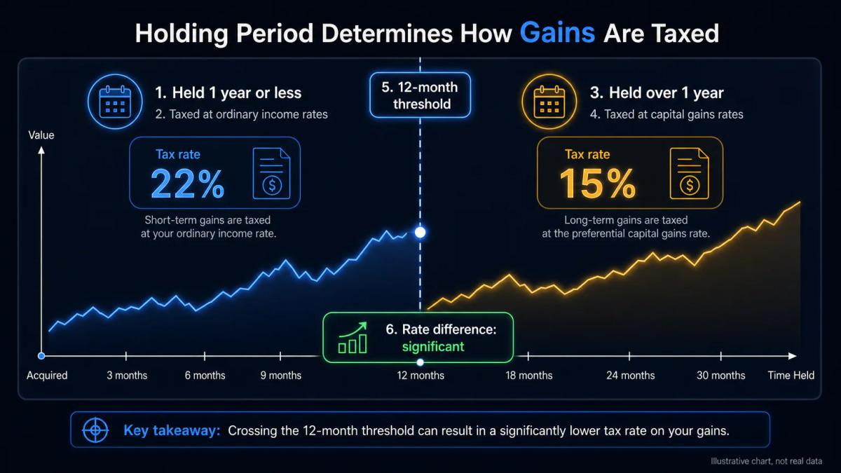 Comparison table showing short-term capital gains taxed at ordinary rates versus long-term gains at preferential rates