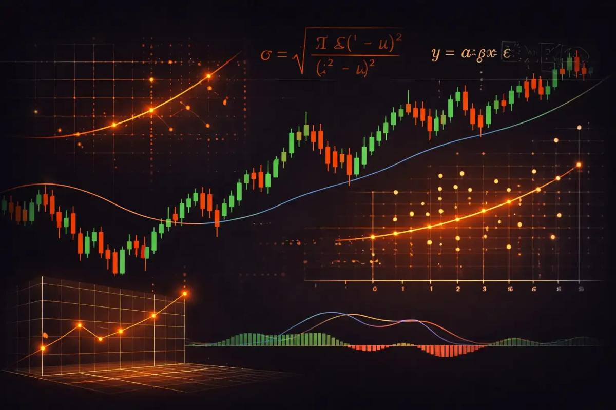 Visual representation of quantitative trading showing financial charts overlaid with mathematical formulas and data analysis elements