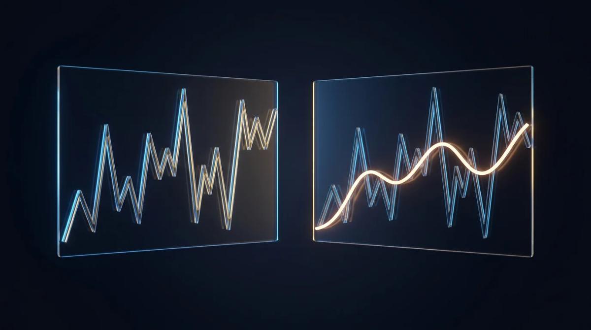 moving average chart on synthetic data (Illustrative example · synthetic data, not real prices)