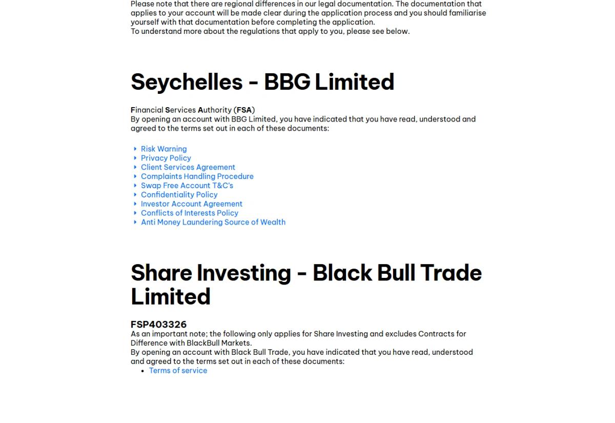 Página de cumplimiento regulatorio de BlackBull Markets con licencias FMA FSP403326 y FSA SD045
